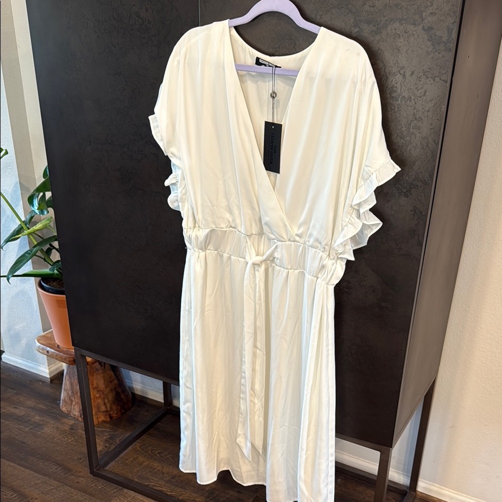 Fashion Union Cream Ruffled Wrap Midi Dress